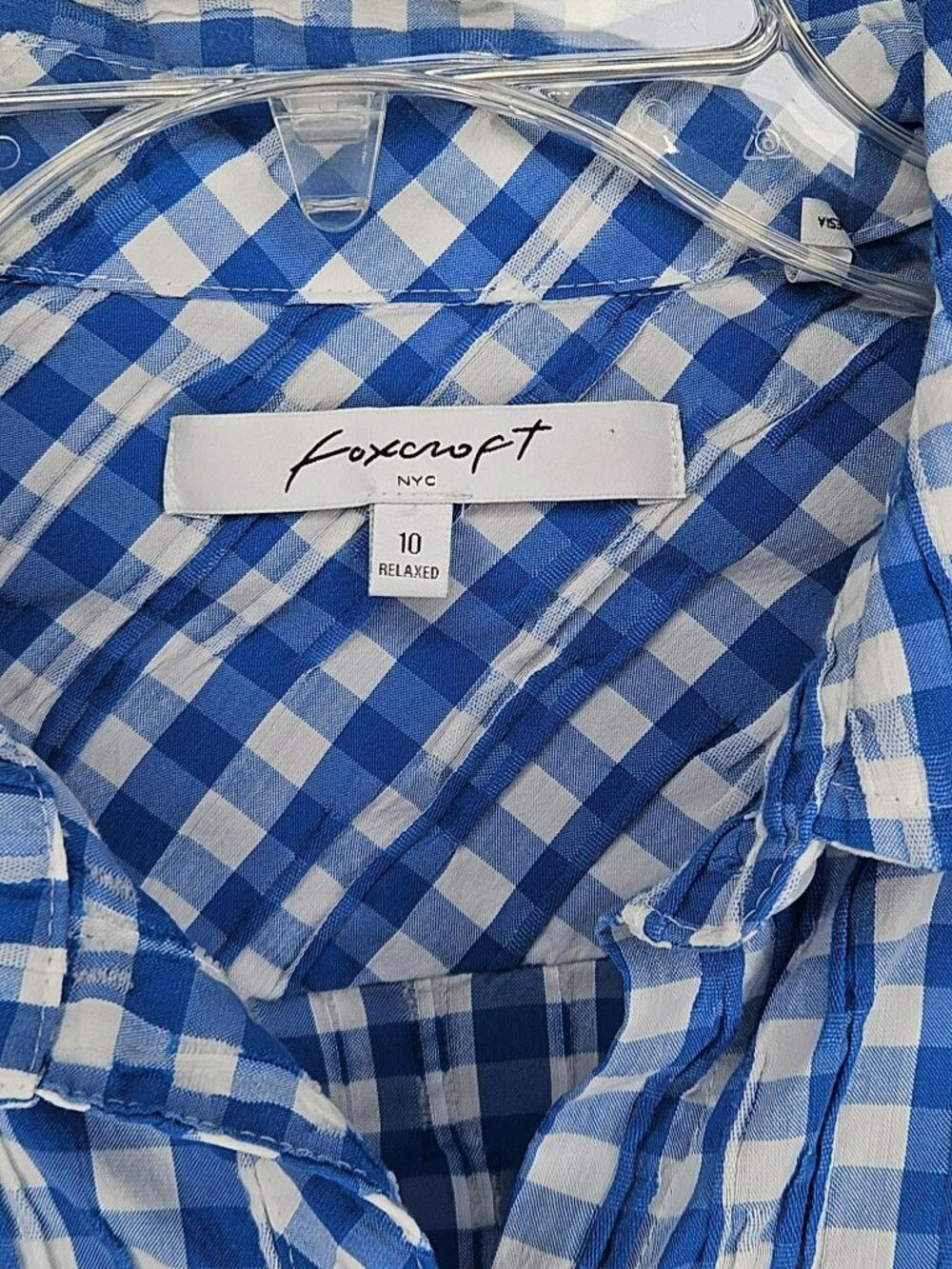 Foxcroft Womens Blue Gingham Button-Up Shirt Size 10 Relaxed Fit 3/4 Sleeves